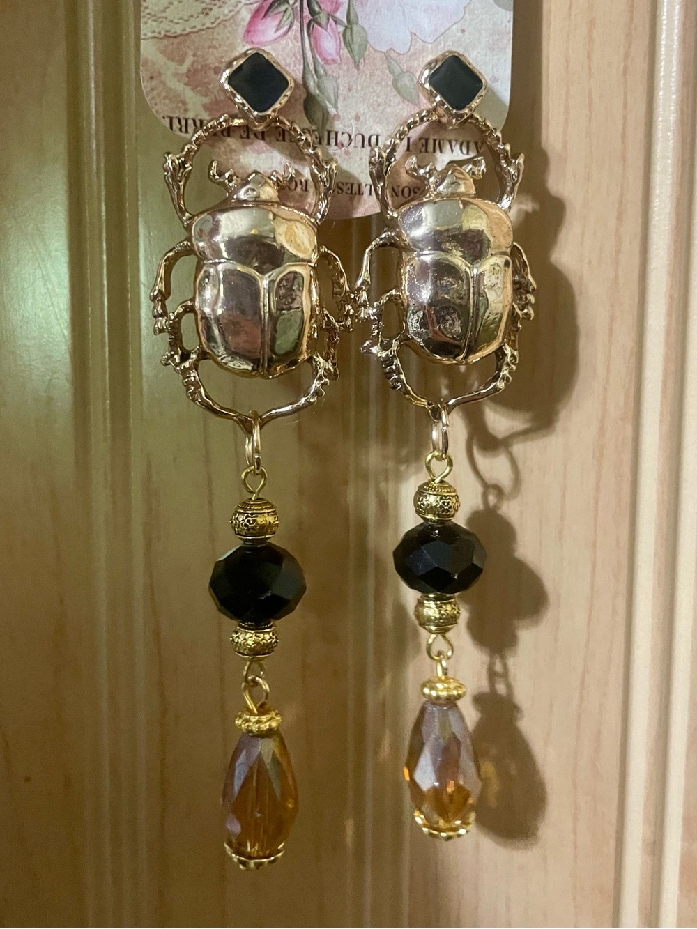 Hand Crafted Gold Scarab Earrings with Black and Amber Drops - Picture 5 of 7